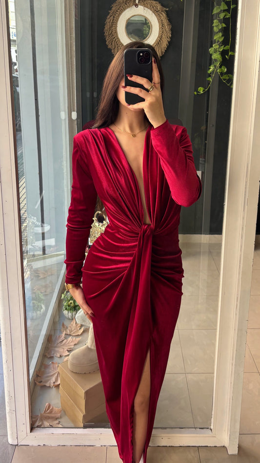Vestido Midi Hombreras Escote Terciopelo