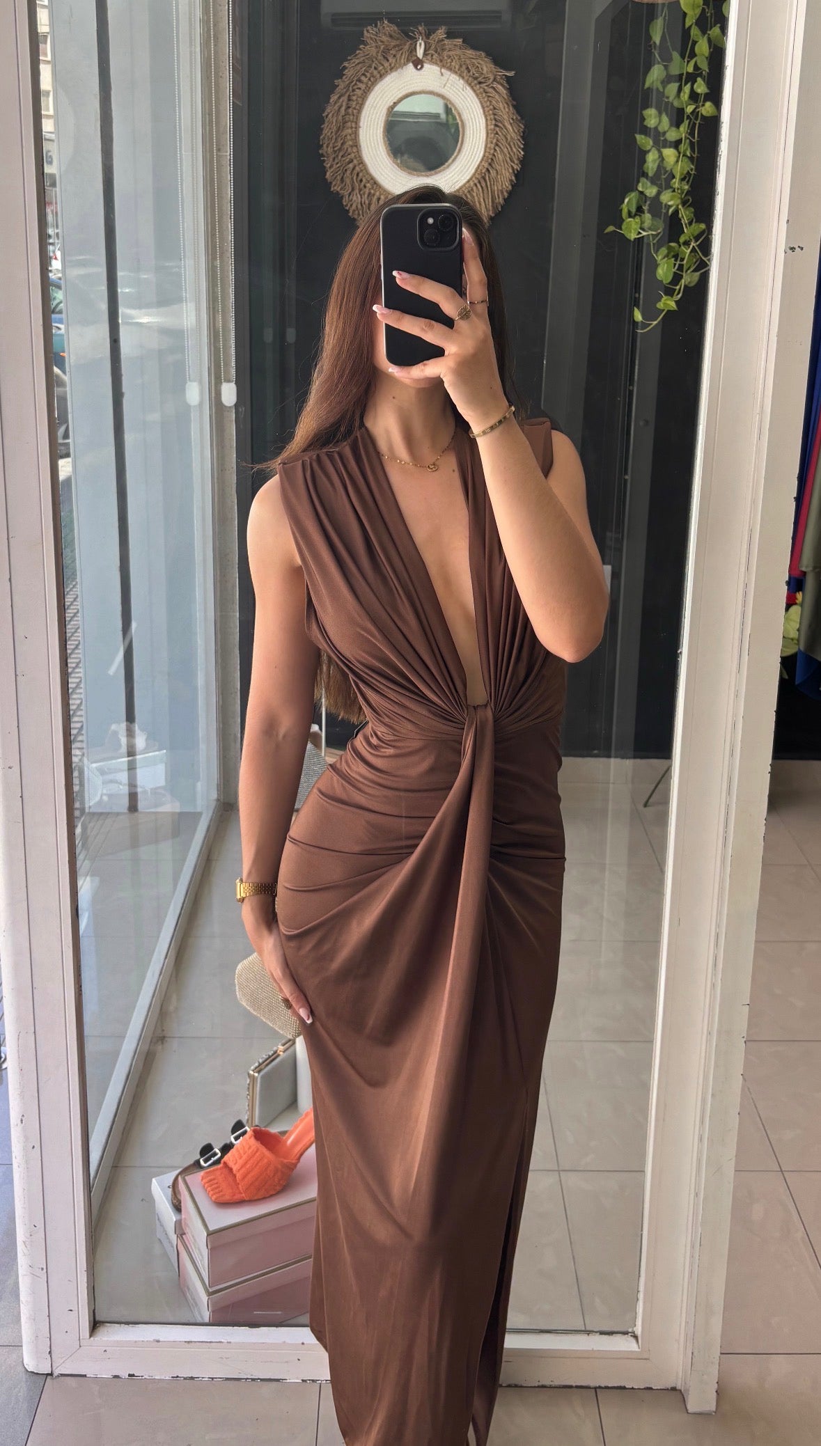 Vestido Midi Hombreras Escote